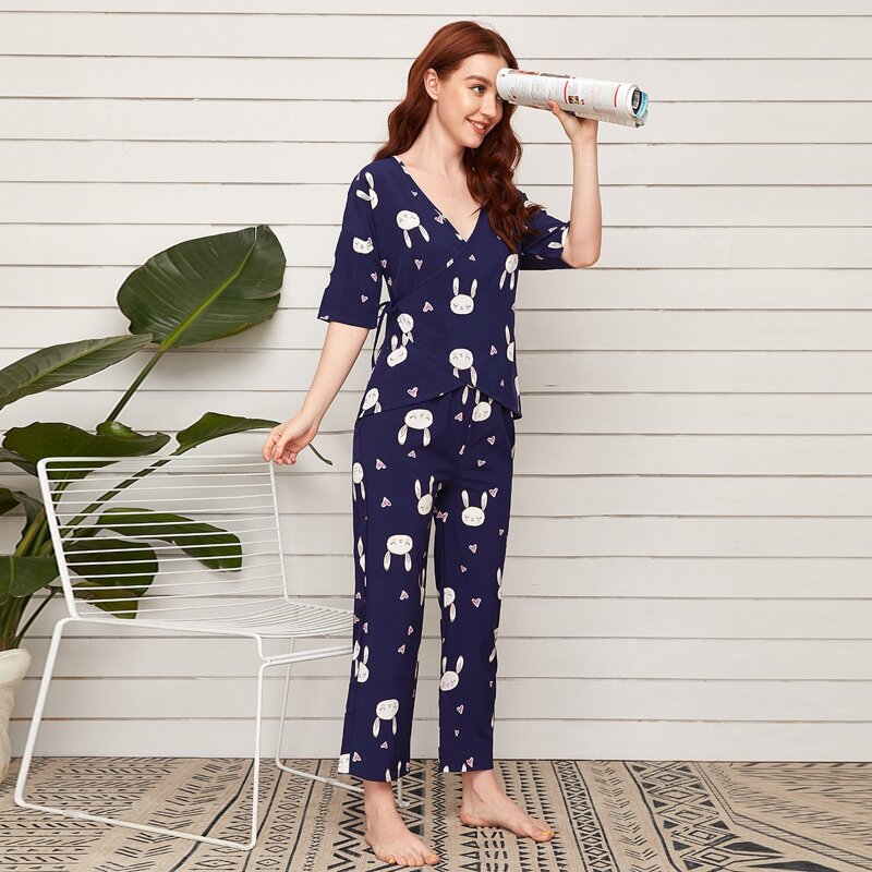 

Heart & Cartoon Graphic Tie Side Wrap Top & Pants PJ Set, Navy