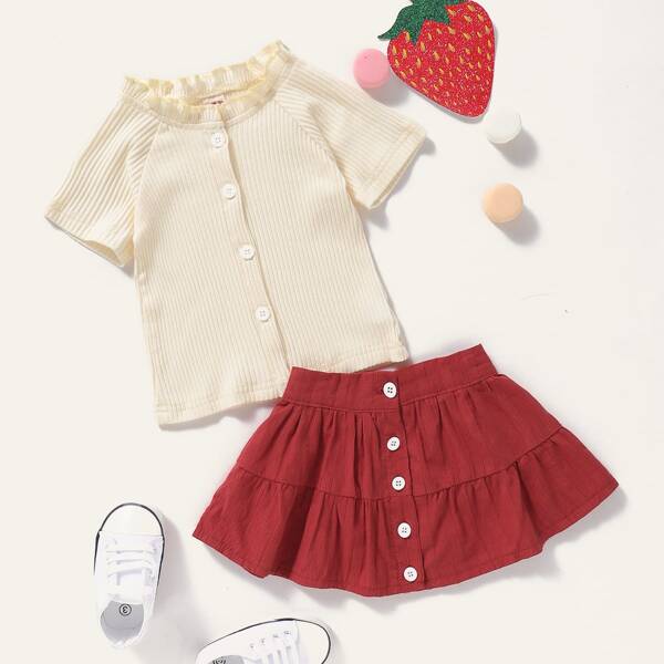 

Baby Girl Frill Trim Button Front Tee & Flared Skirt, Multicolor