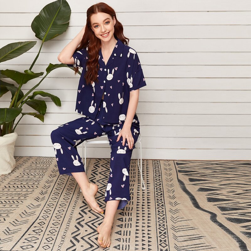 

Heart & Cartoon Graphic Lapel Neck PJ Set, Navy blue