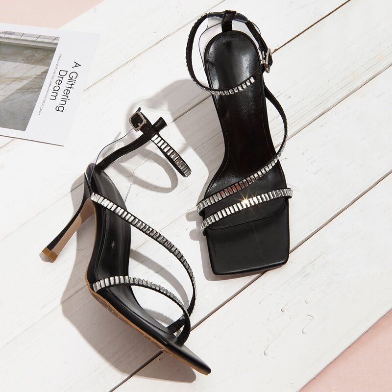 

Open Toe Ankle Strap Stiletto Heels, Black