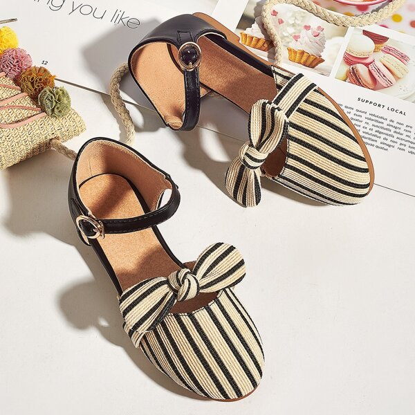 

Toddler Girls Bow Decor Striped Graphic Flats, Beige