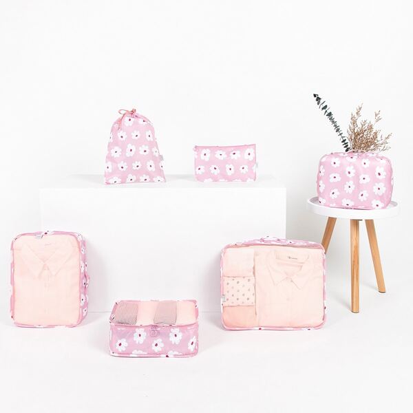 

6pcs Flower Print Travel Storage Bag, Pink