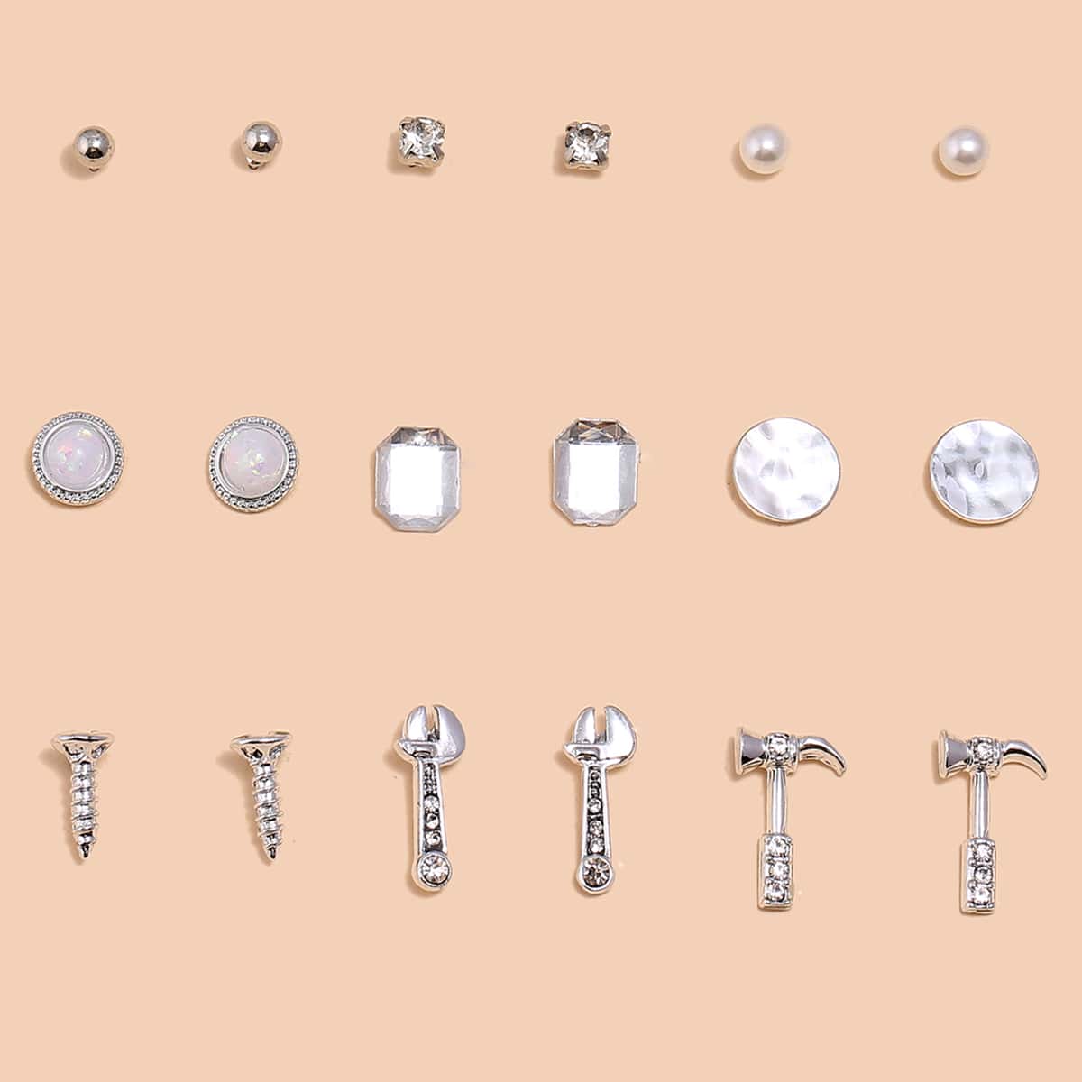 

9pairs Rhinestone Stud Earrings, Silver
