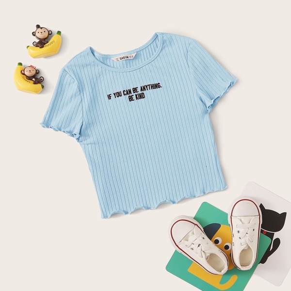 

Girls Slogan Embroidered Lettuce Edge Tee, Blue pastel
