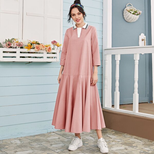 

Contrast Striped Collar Ruffle Hem Dress, Pink
