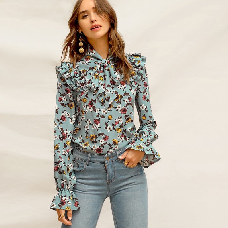 

Tie Neck Ruffle Trim Floral Top, Multicolor