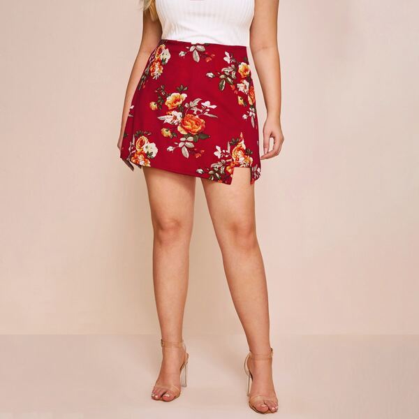 

Plus Floral Print Split Hem Skort, Burgundy