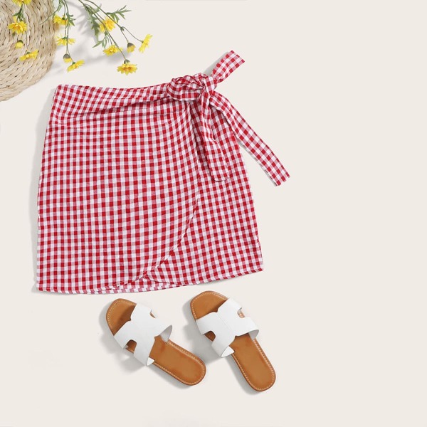 

Wrap Knotted Gingham Skirt, Red