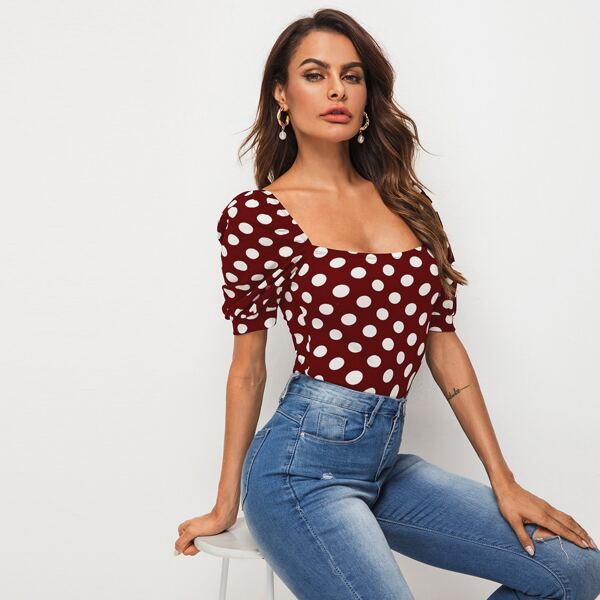

Square Neck Puff Sleeve Polka Dot Top, Burgundy