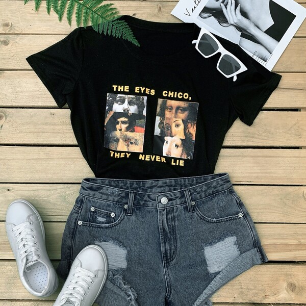 

Slogan & Graphic Round Neck Tee, Black