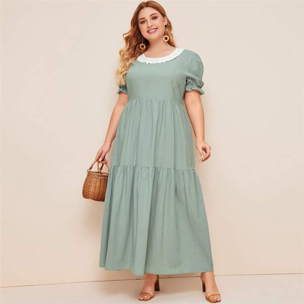 

Plus Contrast Lace Flounce Hem Smock Dress, Green