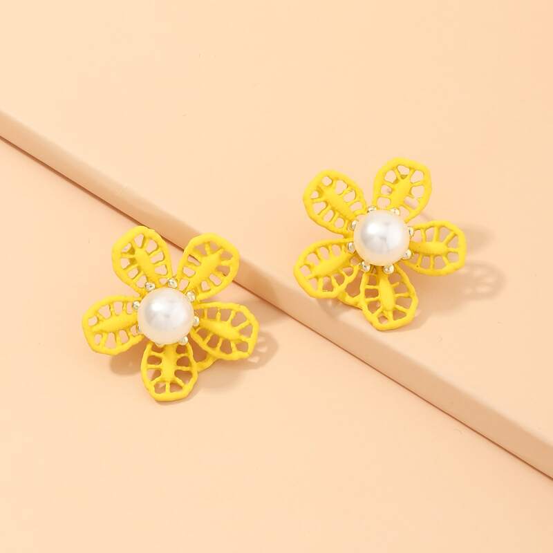 

Faux Pearl Flower Earrings, Yellow
