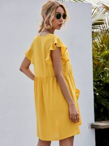 雙口袋蝴蝶袖娃娃洋裝 - 黃色 - 查看 2