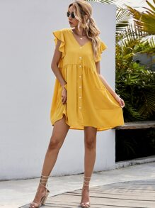 雙口袋蝴蝶袖娃娃洋裝 - 黃色 - 查看 4