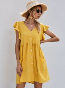 雙口袋蝴蝶袖娃娃洋裝 - 黃色 - 查看 5