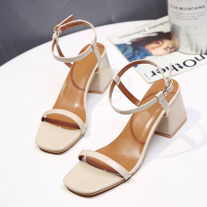 

Open Toe Ankle Strap Chunky Heels, Beige