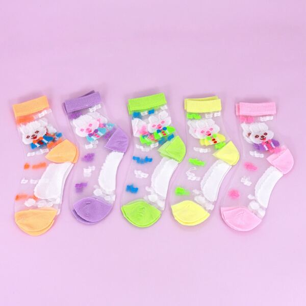 

5pairs Girls Rabbit Pattern Mesh Socks, Multicolor
