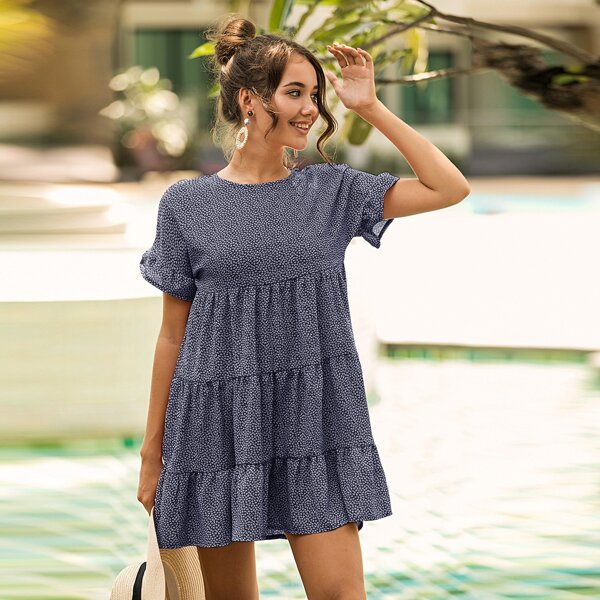 

Ditsy Floral Print Flounce Sleeve Smock Dress, Navy blue