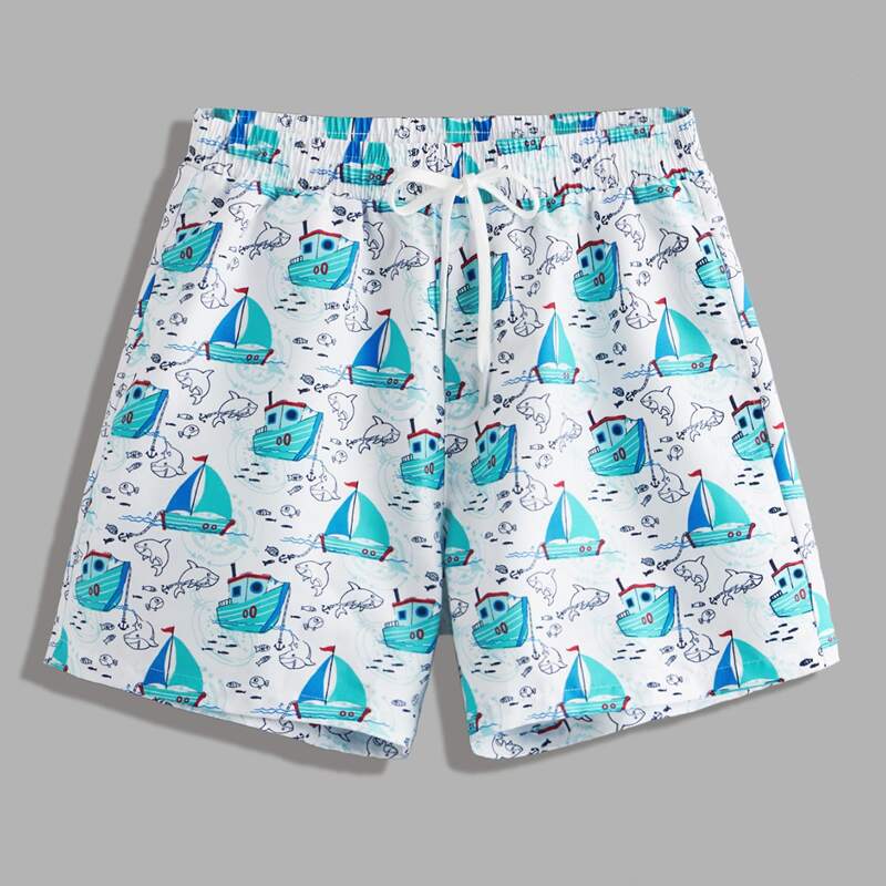 

Guys Boat & Dolphin Print Drawstring Swim Trunks, Multicolor