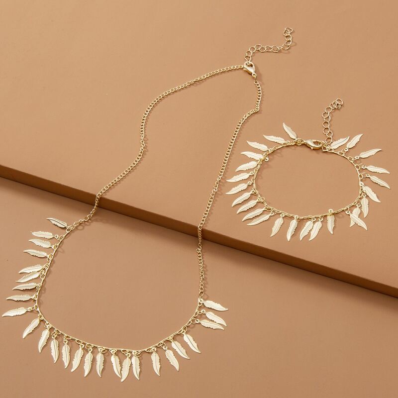 

2pcs Leaf Tassel Jewelry Set, Gold