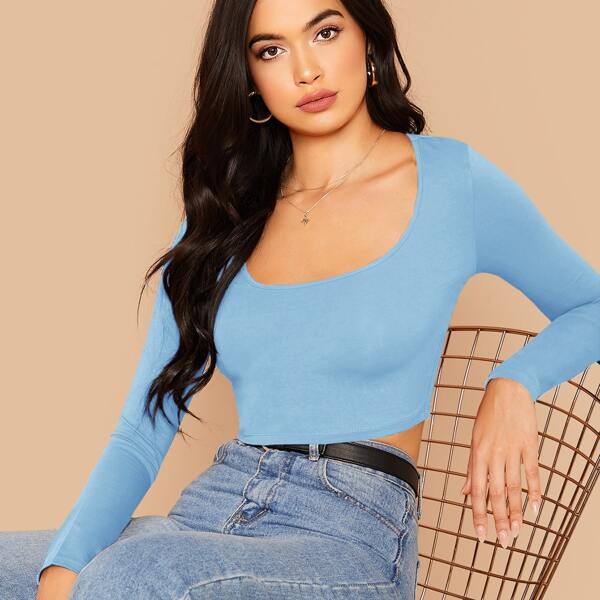 

Solid Scoop Neck Crop Top, Blue