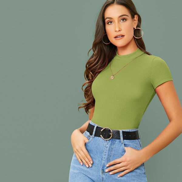 

Mock-Neck Rib-knit Fitted Top, Green