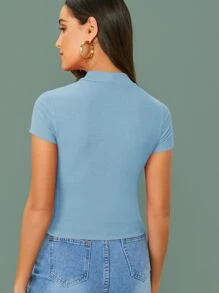 SHEIN Essnce 小高領羅紋針織合身上衣 - 藍色 - 查看 3