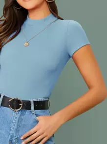 SHEIN Essnce 小高領羅紋針織合身上衣 - 藍色 - 查看 5