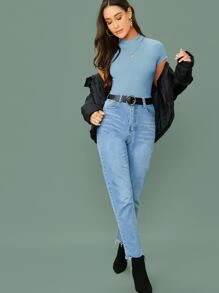 SHEIN Essnce 小高領羅紋針織合身上衣 - 藍色 - 查看 6