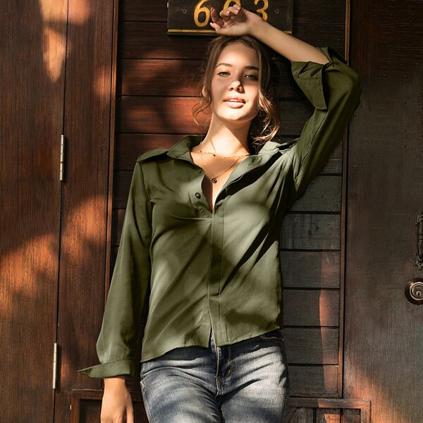 

Solid Button Up Chiffon Blouse, Army green