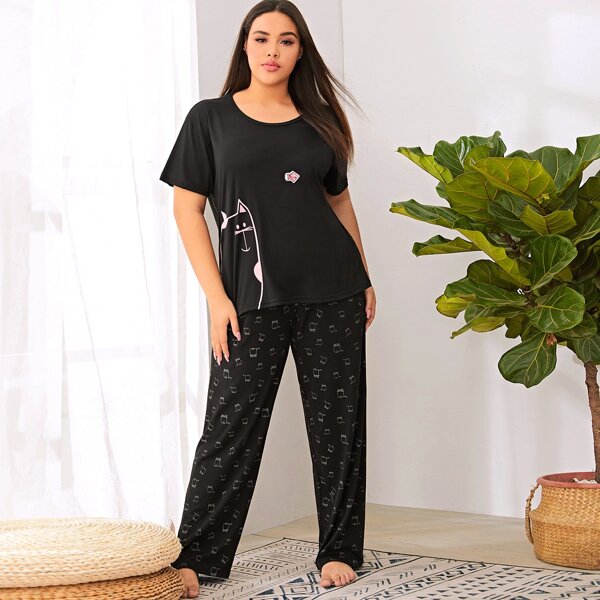 

Пижама размера плюс с принтом кота, Чёрный