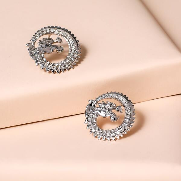 

Rhinestone Engraved Dragon Earrings, Silver