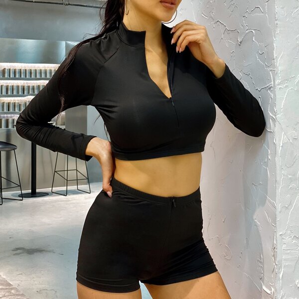 

Solid Half Placket Top With Shorts, Black