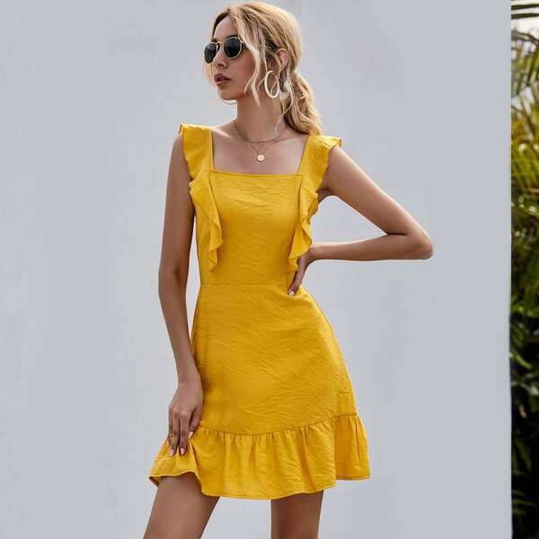 

Solid Ruffle Trim Tie Back Backless A-Line Dress, Yellow