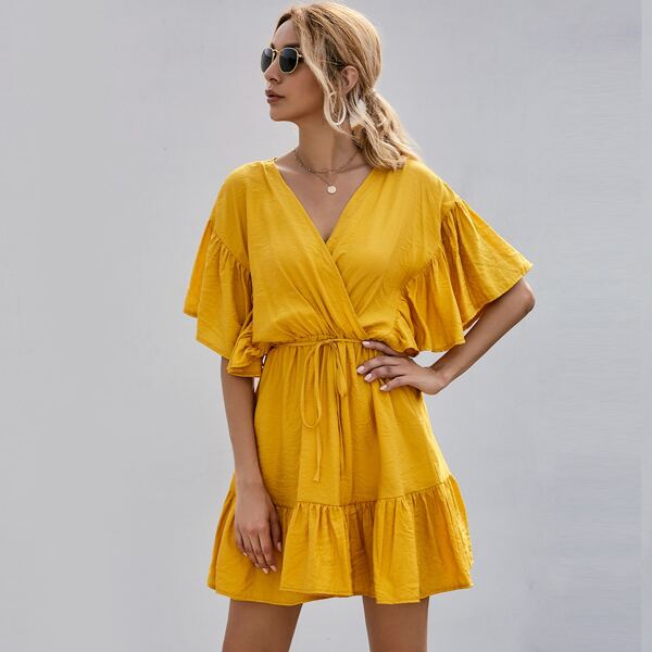 

Ruffled Surplice Self-Tie Mini Dress, Yellow