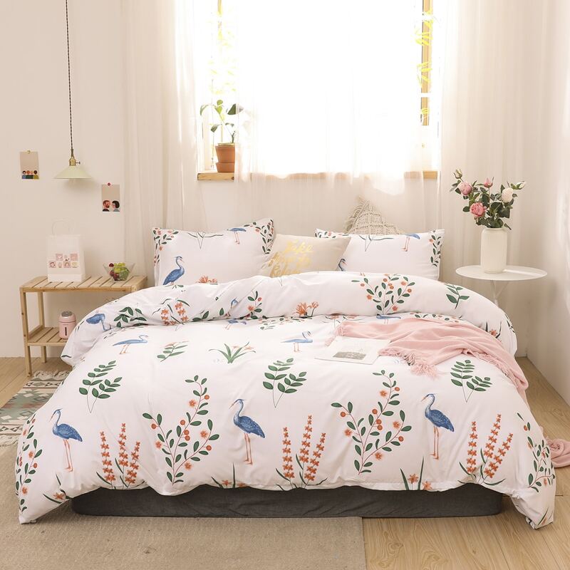 

Plants & Crane Print Bedding Set Without Filler, Multicolor