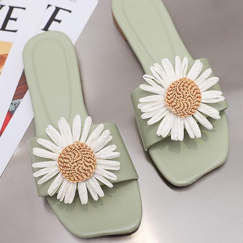 

Open Toe Floral Appliques Sliders, Green