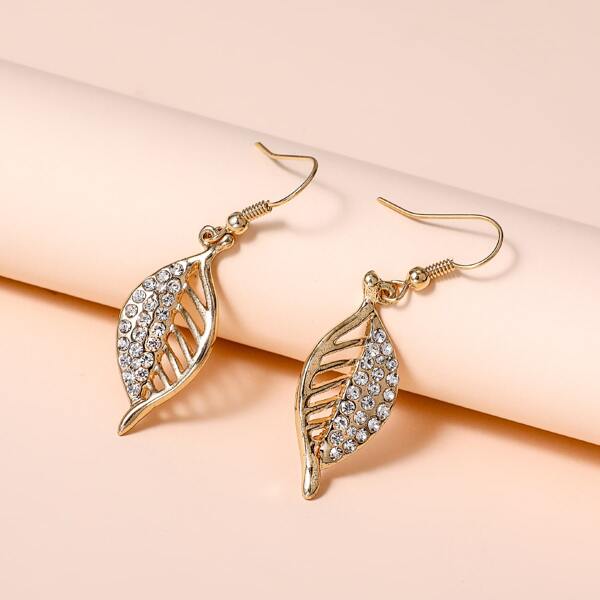 

Rhinestone Leaf Earrings, Gold