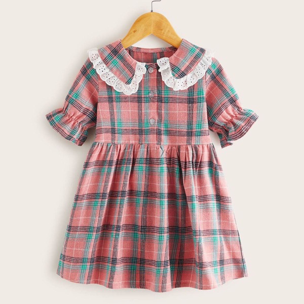 

Toddler Girls Doll Collar Contrast Lace Trim Plaid Dress, Multicolor