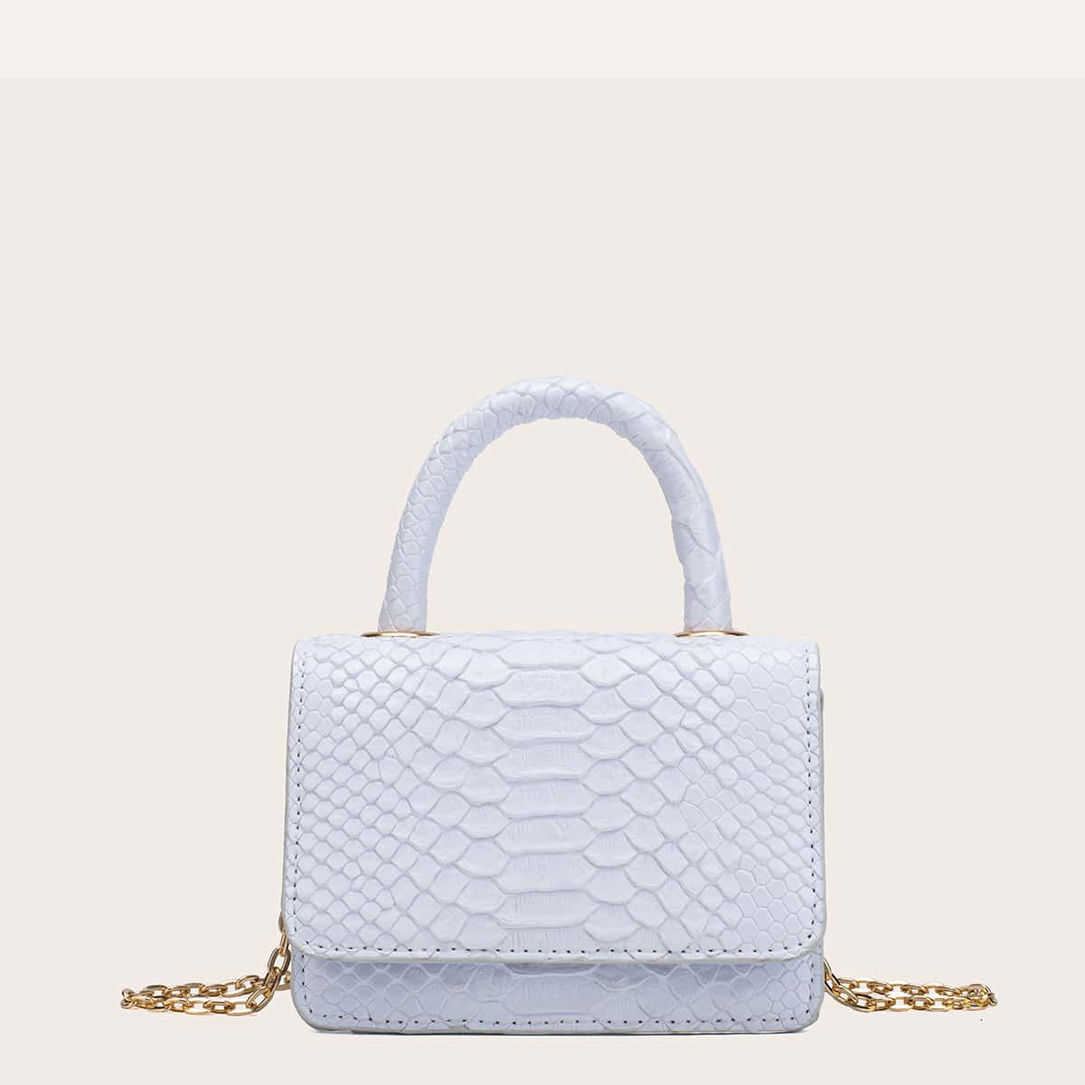 

Mini Snakeskin Embossed Satchel Bag, White