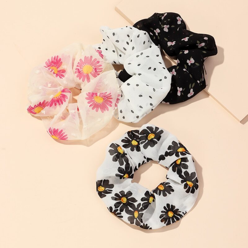 

4pcs Floral Pattern Mesh Scrunchie, Black and white