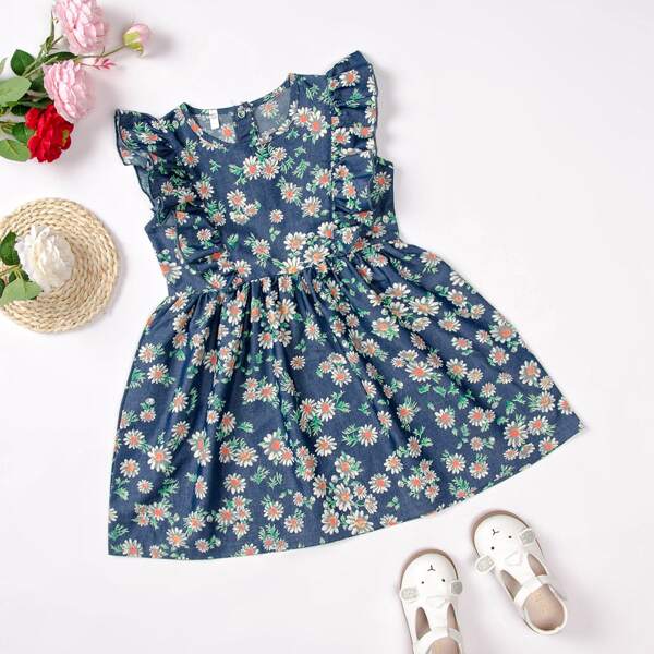 

Toddler Girls Ruffle Trim Floral Denim Dress, Blue multicolor