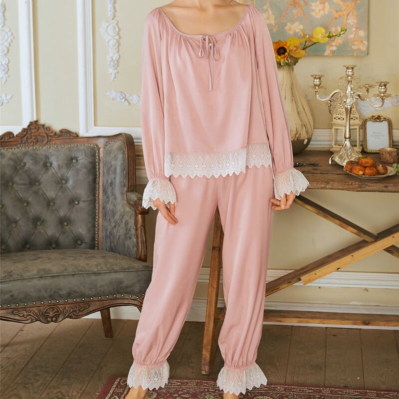 

Contrast Lace Trim Tie Neck Pajama Set, Pink