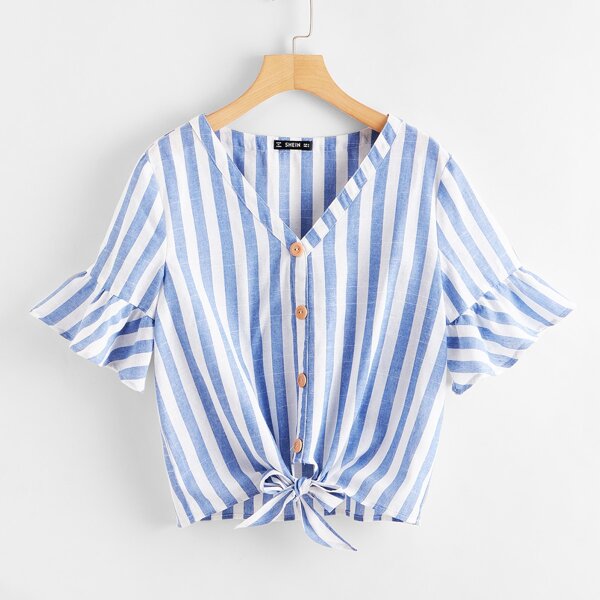 

V-neck Ruffle Cuff Knot Hem Striped Top, Blue and white