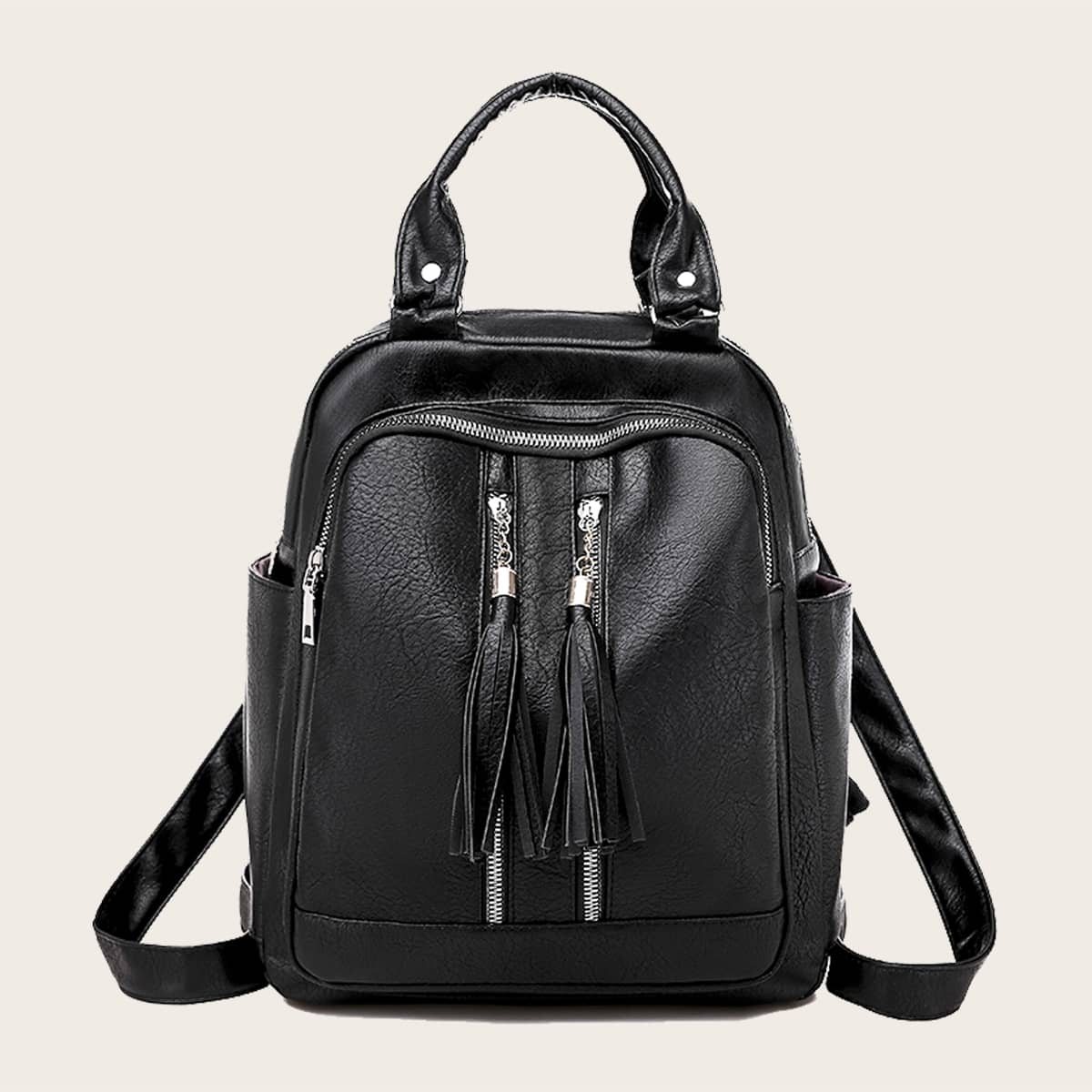 

Tassel Charm Zip Front Backpack, Black