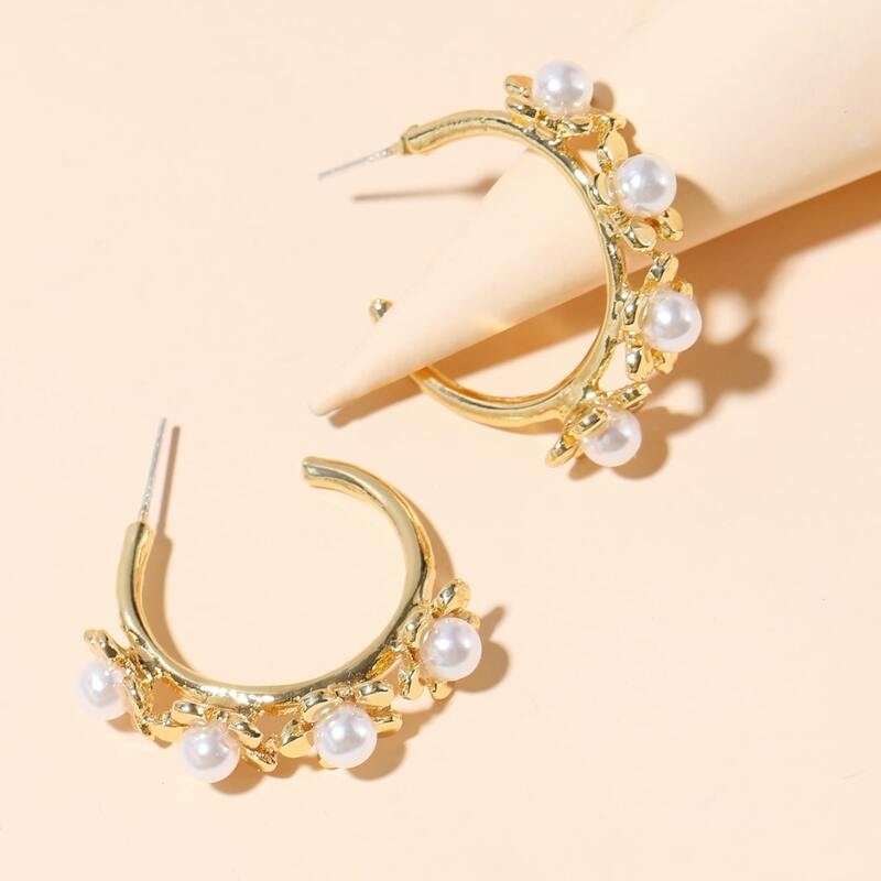 

Faux Pearl Decor Hoop Earrings, Gold
