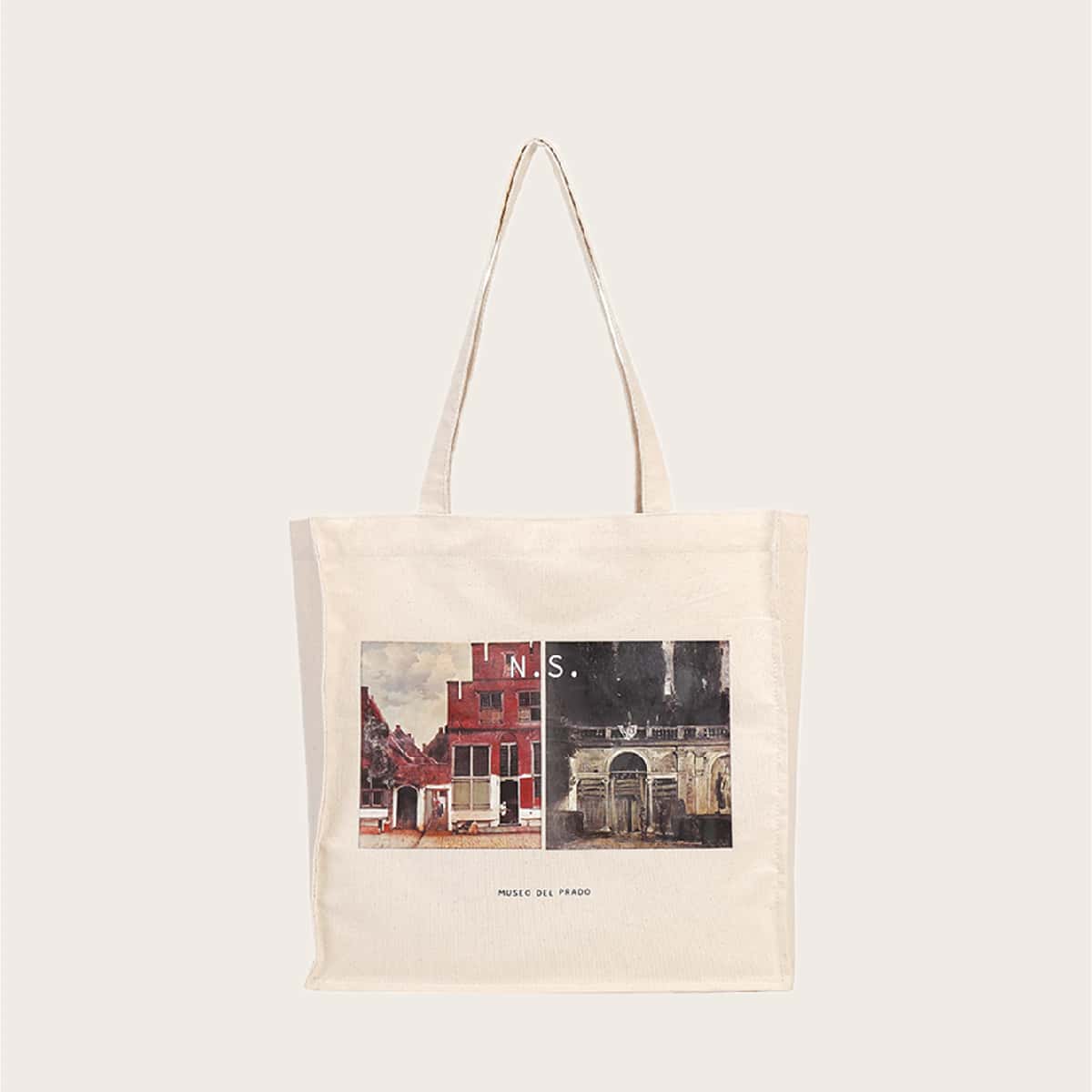 

Building Print Canvas Tote Bag, Beige
