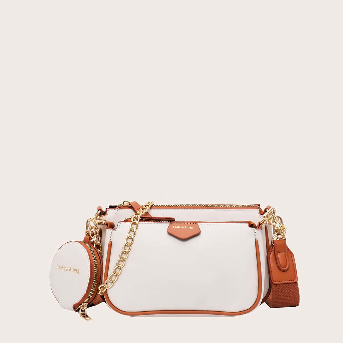 

3pcs Contrast Trim Crossbody Bag With Purse, White