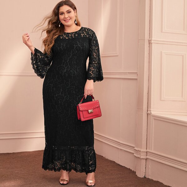 

Plus Ruffle Hem Lace Overlay Dress, Black