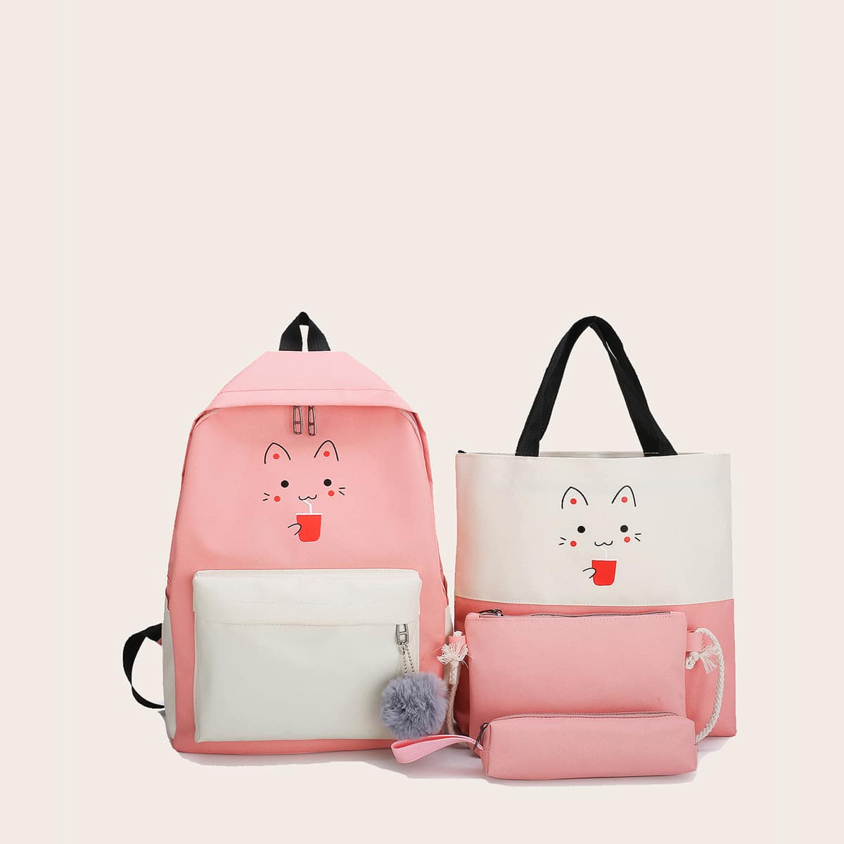 

4pcs Cartoon Graphic Two Tone Backpack With Pencil Case, Pink
